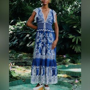 Farm Rio Blue Romantic Richelieu Lenzing™ Ecovero™ Euroflax™ Maxi Dress Sz M NEW